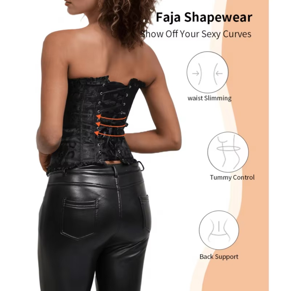 Boning Corset Steel - مشد خصر جاكار بسحاب ورباطات، مدعوم